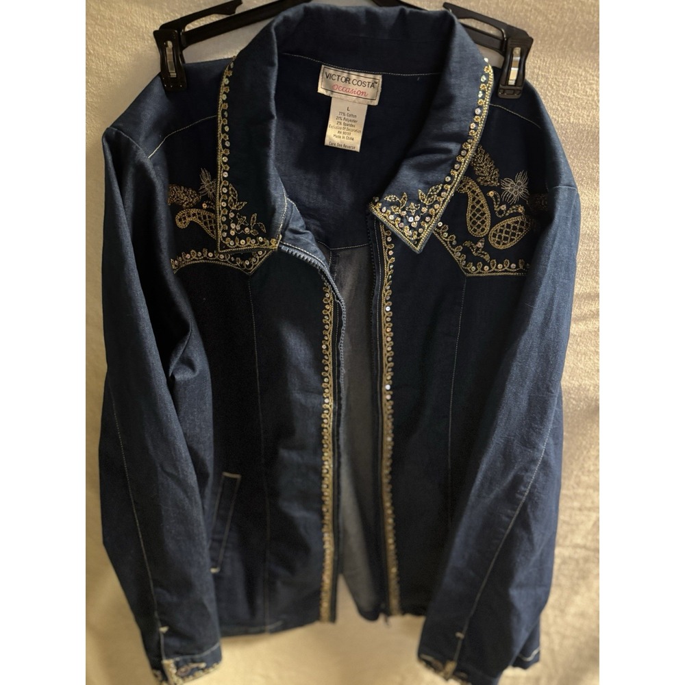 Victor Costa Black Jean Jacket Gold Sequin Embroidery Womens L Western Old Money